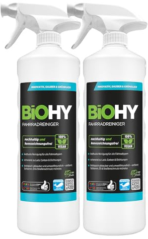 BiOHY Cykelrengörare (2 x 1 liter) sprayhuvud | Högeffektivt skum | biologiskt nedbrytbart | perfekt för elcyklar och alla cyklar | rengöringsspray