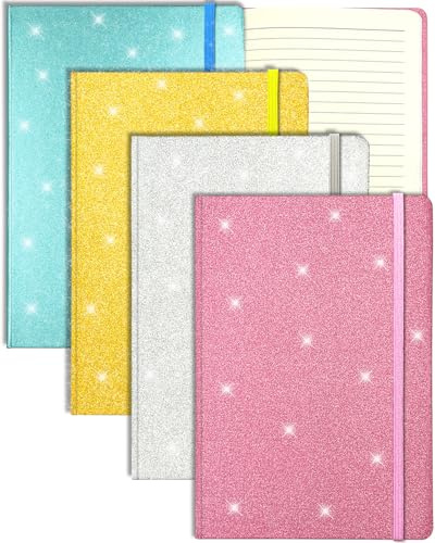 4-pack Glitter A5 Anteckningsbok Hårdpärm, 21 x 14,5 cm, 160 Sidor Linjerad Anteckningsbok för Flickor Dagbok för Kvinnor Tomma Anteckningsblock med Hårt Omslag för Jobbet Present till Flickor