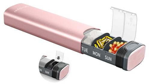 Serfeymi Tablettenbox 7 Tage - Metall Medikamentenbox, Pillendose, Tabletten Organizer(Ersatzdichtung enthalten),Pillenbox,Dispenser Medikamente für Pill, Supplement mit individuellem Deckel-Rosa