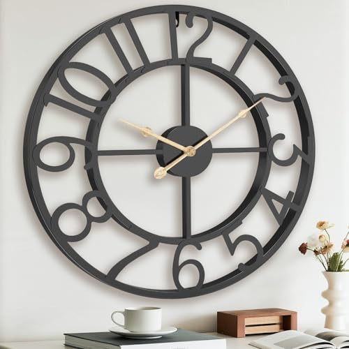 Pytha Sight Large Wall Clock,40cm Big Black Skeleton Modern Decorative Arabic Numerals Silent Vintage Wall Clocks for Living Room,Kitchen Bedroom,Office,Fireplace