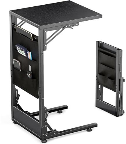 Bomclap C-Form Beistelltisch, Klappbarer Sofatisch Nachttisch mit Aufbewahrungstasche, Couchtisch mit Metallgestell für Wohnzimmer Schlafzimmer Büro, 30 x 40 x 64,5 cm (Schwarz)
