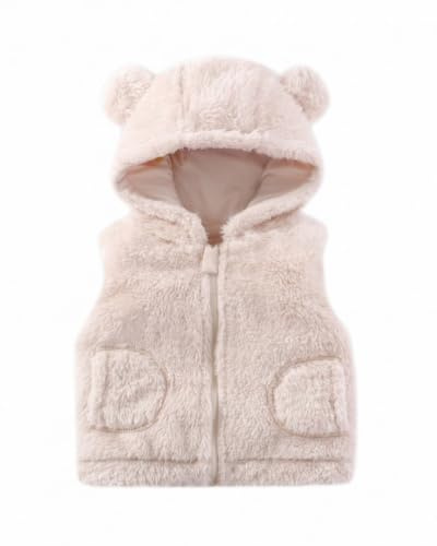 JiAmy Barnväst vinter, fluffig barnväst, ärmlös barnjacka med huva för flickor och pojkar, Vit, 3-4 år