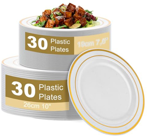 AKOLAFE 60 stycken vita plasttallrikar återanvändbara 19 cm & 26 cm, 2 storlekar plasttallrikar med guldkant, stabil plasttallrik, återanvändbara hårdplast, platstallrikar för bröllop, fest