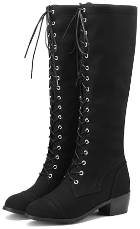 BEAUPAS Women's Knee High Combat Boots Lace Up Low Heel Military Tall Boots(Black,8.5)