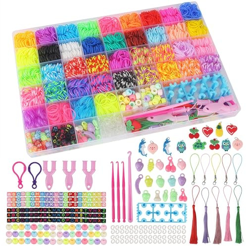 YeeQo 4100+ färgat gummibandflätningsuppsättning, 54 rutnät Barnarmband DIY -produktionslåda, inklusive vävstol, virkning, hängande, pärlor och andra tillbehör, barns kreativa leksaker och gåvor