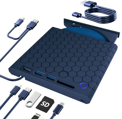 Lefunpets External CD DVD Drive for Laptop USB 3.0 and Type-C Optical DVD Drive ROM Burner Rewriter for Laptop PC Mac OS MacBook WindowsXP (Blue)