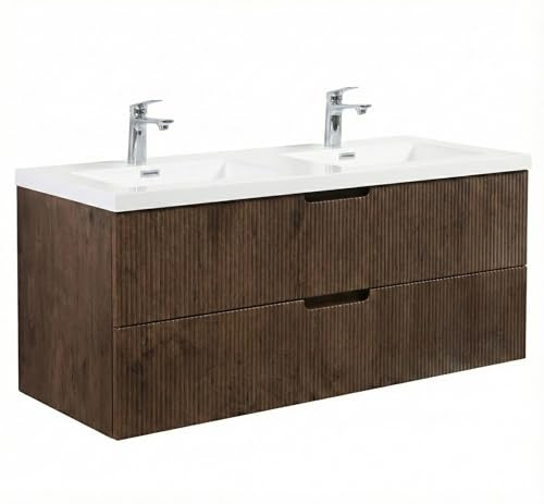 Badplaats Badmöbel Set mit Waschbecken und Unterschrank Thermis 120 x 48 cm Walnuss Braun - Waschbeckenunterschrank mit Soft-Close und Doppelwaschbecken, Vorgemontiert