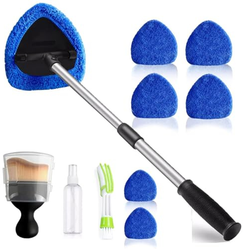 Himank Car Windshield Cleaning Tools, Expandable Car Window Cleaner with 6 Reusable Microfiber Pads, Spray Bottle, Auto Interior Dust Brush, 2 Auto Interior Dust Brush, for Trucks, SUVs, RVs etc