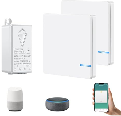 NineLeaf Kit 2 interrupteur sans fil avec récepteur WiFi,sans travaux | Contrôle à distance par App,commande vocale compatible Alexa/Google Home et interrupteur manuel,Portée 400m,10A/1000W
