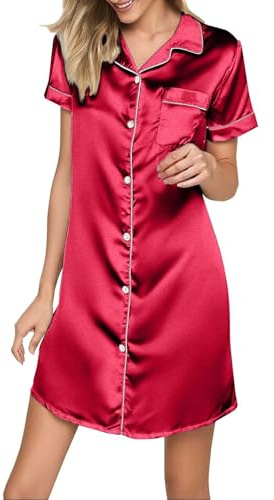 Leaomuny Camicia da Notte Parto Ospedale Manica Corta Seta Camicie Notte Donna Aperta Davanti Scollo a V Vestaglia Gravidanza Comodo Sottoveste Casual Taglie Forti da Casa Pigiama Vestito Morbido