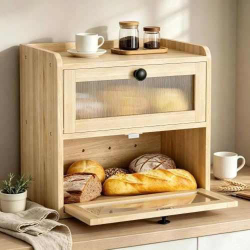 Yigowyigo Panera de madera de 2 niveles – Panera grande de madera maciza de pino con cierre magnético y ventana doble, panera para almacenamiento de pan, multifuncional para pan, frutas y especias