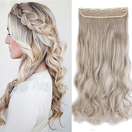 SEGO 61cm Haarteil Clip in Extensions 1 Tresse 5 Clips Haarverlängerung Human Hair wie Echthaar Gewellt Aschblond Mix Silbergrau 24(61cm)-120g