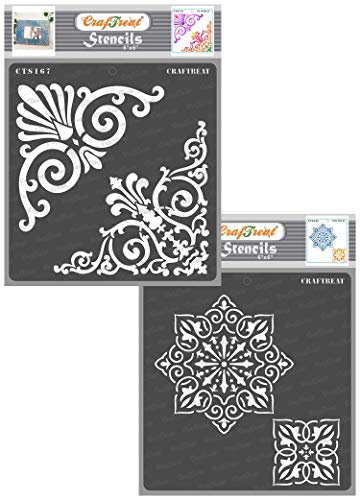 CrafTreat Corner Stencils for Painting Decorative - Ornate Corner Stencil and Rangoli Stencils (2 Pieces) Size: 15 x 15 cm - Ornate Stencils for Crafts Reusable Vintage Pattern