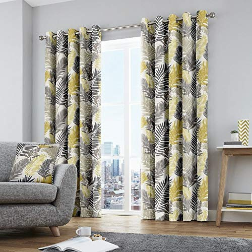 Fusion - Tropical - 100% Cotton Pair of Eyelet Curtains - 46 Width x 54 Drop (117 x 137cm) in Ochre