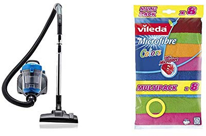 Amazon Basics Aspirateur cylindrique cyclonique sans sac, 2 litres, 700 W, avec contrôle d’aspiration EU (17K) & Vileda Colors Lavettes microfibres dépoussiérantes et dégraissantes - 8 pièces