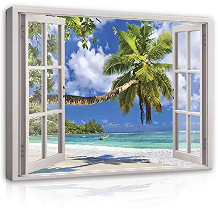WallArena Leinwand Bilder 100x75 cm | Fensterblick Strand Meer Palmen Landschaft, Format: 100x75 cm (BxH) - einteilig auf Canvas Leinwand. Das Leinwand