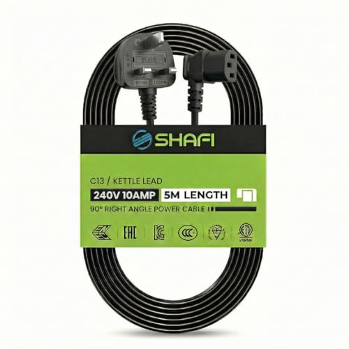 SHAFI® 5-Meter Right-Angle Kettle Lead - Pure Copper Core - IEC-C13 Power Cable - PC Projector Cooker Hp Printer Pro-PS4 Computer Monitor - 90-Degree Power Lead - 5M