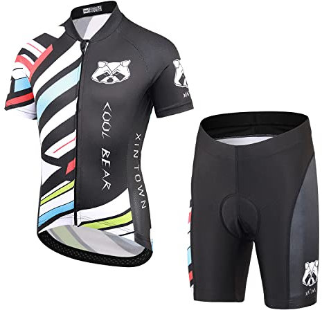 Amur Leopard Mädchen Radsport Fahrrad Trikot Jungen Radhose mit Polster Radtrikot Kinder Sport Shirt + Kurze Fahrradhose, Schwarz + Streifen(Radtrikot-Set), L