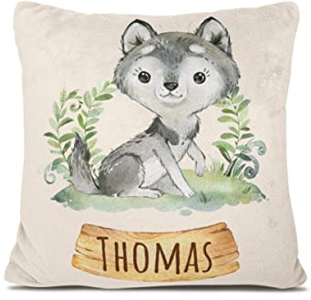 Personalisiertes Babykissen mit Tierdruck – weiches Fleecekissen mit Namen und Datum zur Taufe oder Geburt – Babygeschenk oder Geburtskissen - Kinder Kissenbezug - Kopfkissenbezug (Wolf)