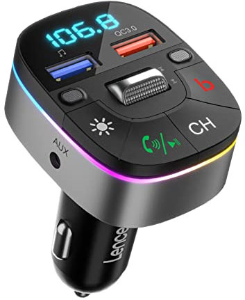 LENCENT Trasmettitore Bluetooth per Auto, AUX Musica Bluetooth Auto con Doppio Mic Wireless più Forte e Bassi Profondi, Ricarica Rapida QC3.0, Supporta Disco U Siri Google Assistant a Mani Libere