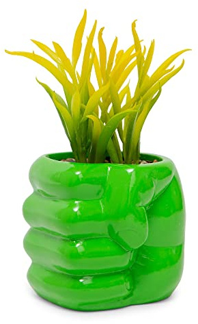 Marvel Comics Hulk Smash Hand 3-Inch Ceramic Mini Planter with Artificial Succulent | Cute Small Flower Pot, Faux Indoor Plant