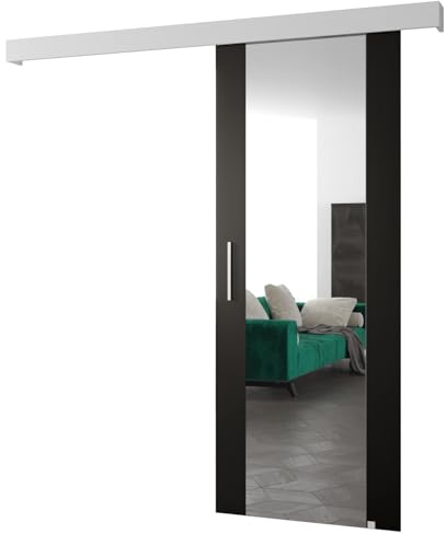 ABIKSMEBLE Salwador 2 Système de Porte Coulissante avec un Cache Rail et Miroir - Portes Coulissantes Murales Intérieures - Construction Solide - 90 x 204 cm - Noir