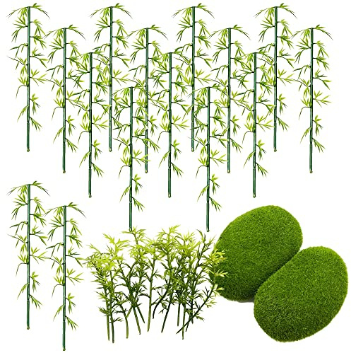 Woohome 30 Stück Modell Bambusbäume Modellbau Bamboo Bäume und Künstliche Moosfelsen Dekorative, Moossteine Grüne Moosbälle für Blumenarrangements, Feengärten