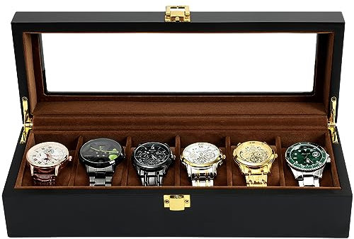 R.SHENGTE Uhrenbox,6 Slots Holzuhr Organizer Box mit Glasdeckel,Schmuck Aufbewahrungsbox für Männer Vater Ehemann Junge Freund (6 Slots)