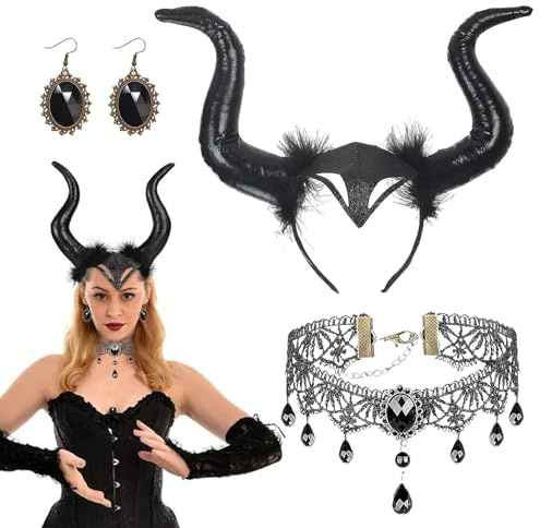 TZQFROCE Königin Hörner Karneval Haareif Teufelhörner mit Gothic Spitze Halskette Ohrringe Schwarz Zubehör für Maleficent Kostüm Fasching Maskerade