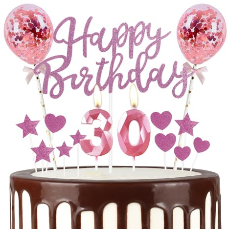Rosa 30th Geburtstag Kerze, Rosa Alles Gute zum Geburtstag Kuchen Topper, Rosa Ballons, Rosa Zahl 30 Kerzen für Kuchen,Rosa Kerzen Kuchen Topper für Mädchen Jungen Frauen Geburtstag Party Dekor
