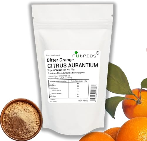 Nutrics® Citrus AURANTIUM - Polvere di arancia amara, 75 g, pura, senza additivi, adatta per vegetariani vegani