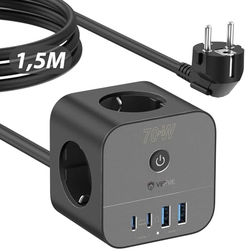 VEFVE 70W USB-C Laddare, 7-i-1 Kubgrenuttag med Strömbrytare, Flera Uttag 1,5m med USB-Snabbladdning Kompatibel med MacBook, Laptop, iPad Pro, iPhone 15, Galaxy S23