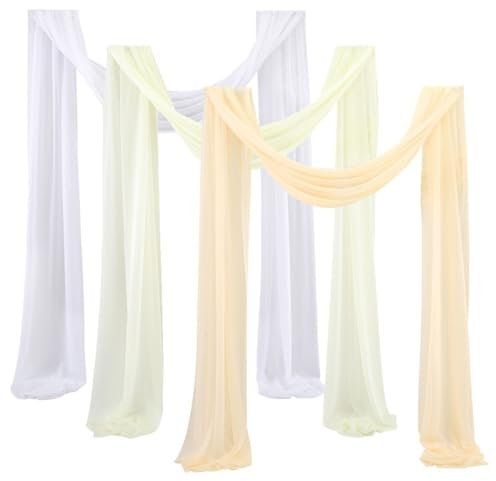Highdi Hochzeitsbogen Hochzeit Vorhang, Chiffon Tüll Stoff Querbehang Freihanddeko Transparentem Voile Gardinen Foto Hintergrund Dekoration (70 * 600cm(3 Stück),Weiß + Champagner + Beige)