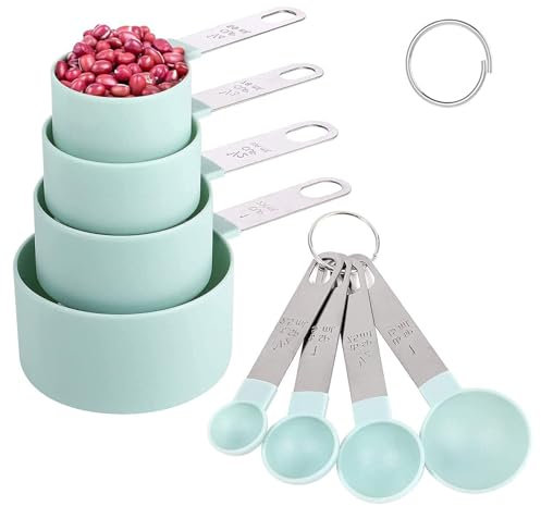 Tazas Medidoras,Juego de 8 Tazas y Cucharas Medidoras Apilables, Mango de Acero Inoxidable, Cucharada Precisa Para Medir Ingredientes Secos y Líquidos, Cucharadita Pequeña con Cabeza de Plástico