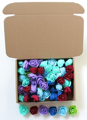 CaPiSo 6 Farben je 12 Stück Künstliche Rosen-Box 3,5cm Blumenköpfe Mini Foamrosen Kunstrosen für Handwerk Brautstrauß Rosenstrauß Streublüten Streurosen Basteln in Aufbewahrungsbox