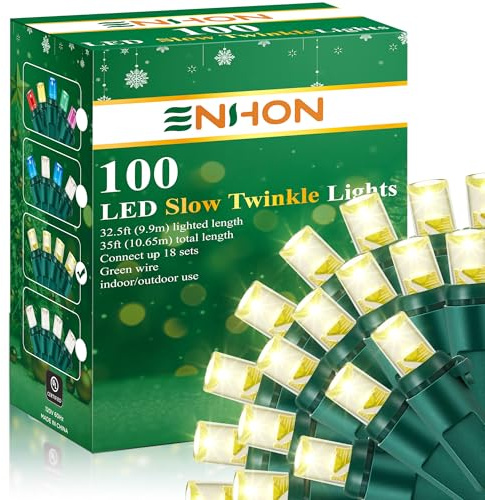 Enhon Slow Twinkling Christmas Light, 100 Lights 35 Ft Twinkle Pulsing Christmas, 5mm LED Wide Angle Soft Random Shimmering Set with Green Wire(Warm White,1 Pack)