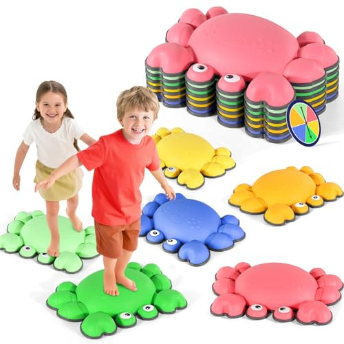 Crab Balance Stepping Stones for Kids, 6PCS Non-Slip Jumping Step Stones, Toddler Floor River Stones Balance Blocks for Kids Coordination Motor Skills, Indoor & Outdoor Play Sensory Toys, Pastel Color