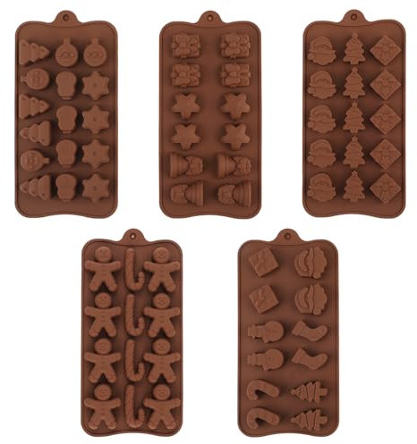 5 Stück Weihnachts Silikonformen, Weihnachtsbaum Lebkuchenmann Rohr Glockenform Weihnachtsschokoladenformen Bonbon-Backbleche für Heimwerker Gelee Fondant Gummibärchen Wachsschmelzen