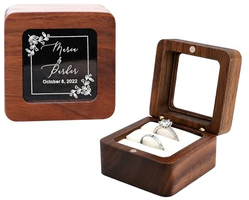EIFLR Personalized Wooden Ring Box Wedding Day 2 and 3 Slots Custom Square Ring Boxes Ring Holder for Wedding Ceremony with Name & Date Engraved