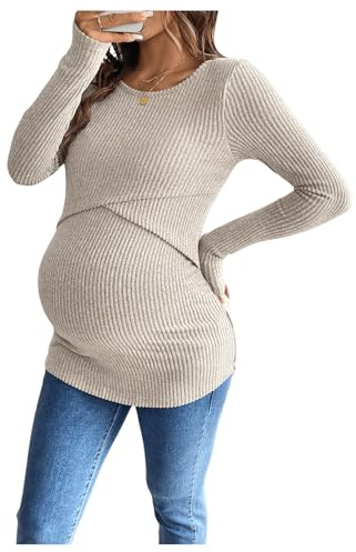 MakeMeChic Women's Maternity Shirts Knit Wrap Nursing Top Fall Maternity Clothes Khaki Medium