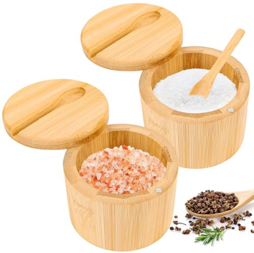 Byffoer 2 unidades de salero de bambú, recipiente de sal de 6 oz con tapa giratoria magnética y cuchara, caja de almacenamiento redonda para almacenamiento de sal, especias, pimienta, hierbas
