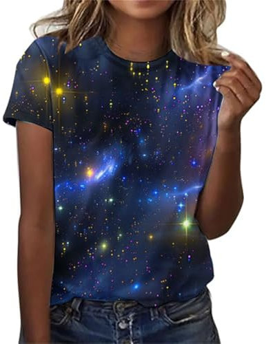 Poo4kark Modisches T-Shirt mit Bluse Sternenhimmel-Print, Rundhalsausschnitt, kurzärmelig, T-Shirt für Damen (Dark Green-a, XXXL)