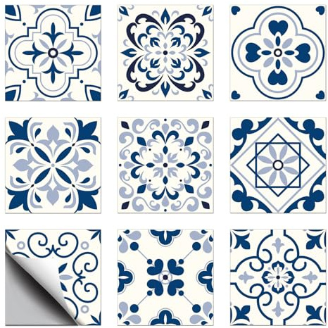 CHGCRAFT 18 Stück 9 Stil Fliesenaufkleber blau und weiß Porzellan Stil Peel und Stick Wandfliese Aufkleber spanischen Stil wasserdicht selbstklebend Stick auf Fliese Abziehbilder, 6×6 Zoll