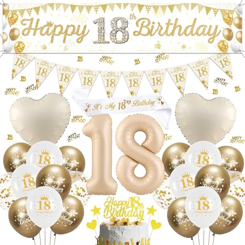 18th Birthday Decorations Balloons Girls - White Gold Decoration Yard Banner Set with Pennant Bunting, Happy Birthday Cake Topper and Sash for 18 Years Old Party Supplies