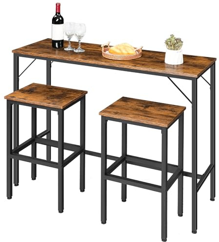 HOOBRO Bartisch mit Barhocker Set, Bartisch-Set, Stehtisch mit 2 Hockern, industriell, Kneipentisch, 120 x 40 x 91 cm, für Wohnzimmer, Esszimmer, Bar, Küche, Retro-Braun und Schwarz EBF46BT01