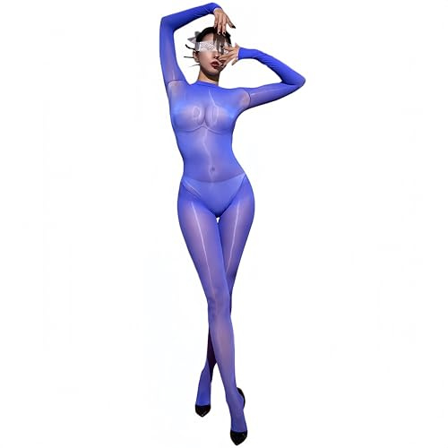 k.SELLOUT Women Sexy Full Body Stockings Oil Shiny Bodysuit Rave Outfits (G-Blue)