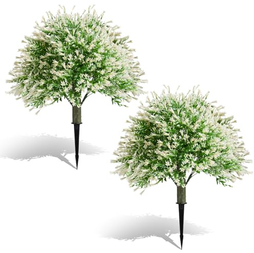 Artificial Plants Bellflower with Ground Spikes, 2 Pack 15.75 UV Resistant Faux Shrubs Fake Shrubs for Indoors & Outdoors, Realistic Faux Plants for Garden Porch Yard Patio Decor White Bellflower