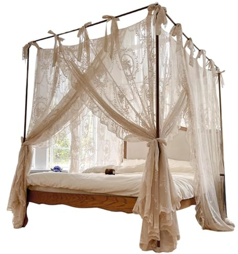 Licsaliwe Bettdach mit Spitzenmoskitonetz, 4 Eckpfostenvorhang für 1, 5 m/4, 92ft Betten (kein Rahmen) Beige