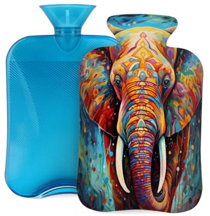 Colorful Boho Elephant Animal Hot Water Bottle with Cover, 2L PVC Hot Water Bag for Pain Relief, Hand Foot Warmer, Hot & Cold Therapy with Removable Cover, Gift for Women Kids Family