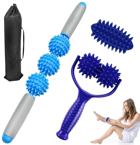 Lymshine Igelball Massageroller mit Griff, 3 Pcs Massagebälle Massage Roller Set mit 1 großen schwarzen Aufbewahrungstasche, Faszienstab mit 3 Bälle für Beine Füße Schultern Rücken Arme Hände